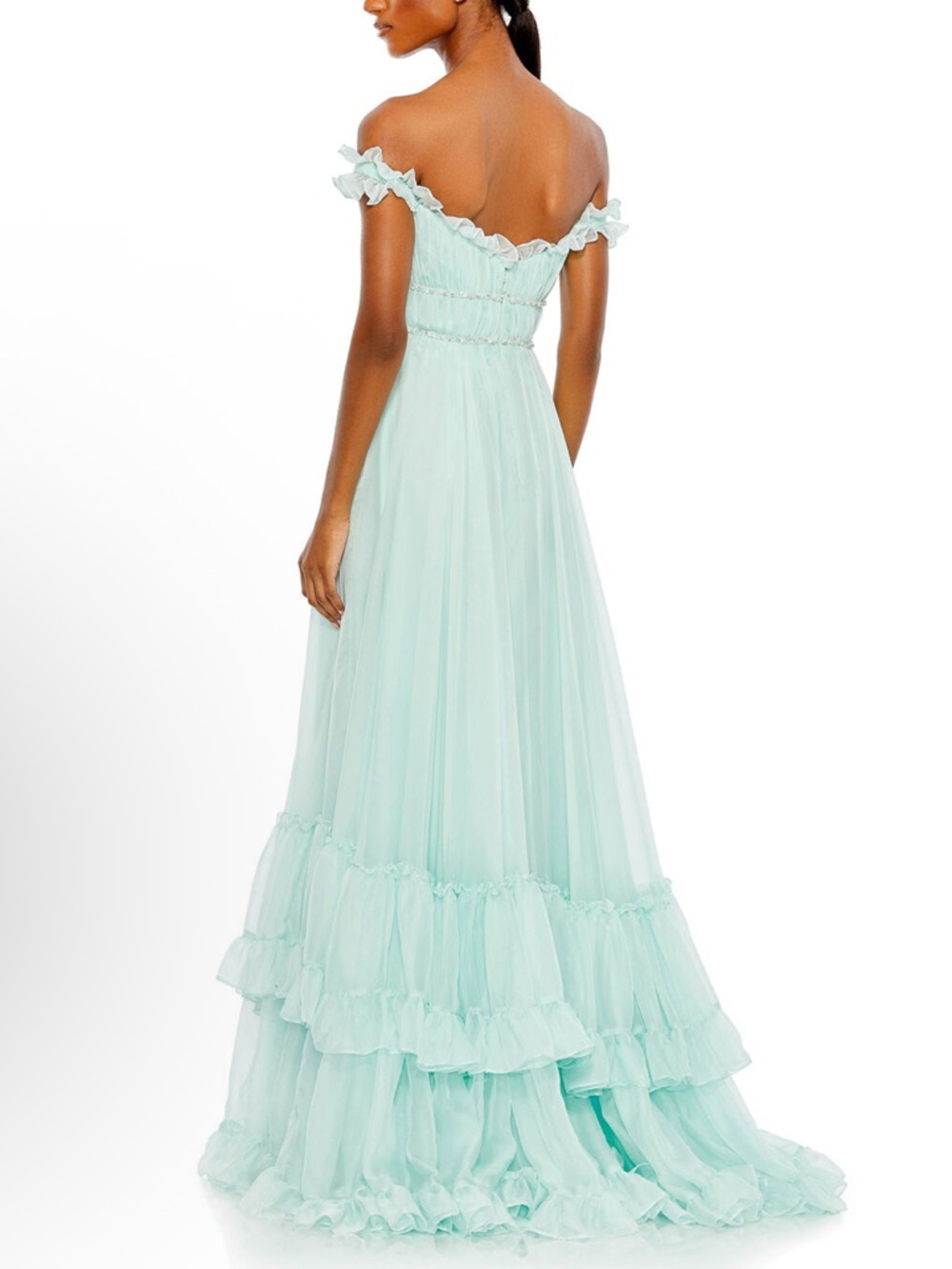 Mac Duggal Mint Green Off-Shoulder Ruffled Maxi Gown - Picture 2 of 8